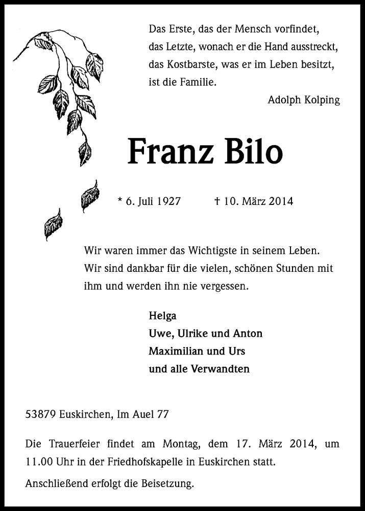  Traueranzeige für Franz Bilo vom 13.03.2014 aus Kölner Stadt-Anzeiger / Kölnische Rundschau / Express