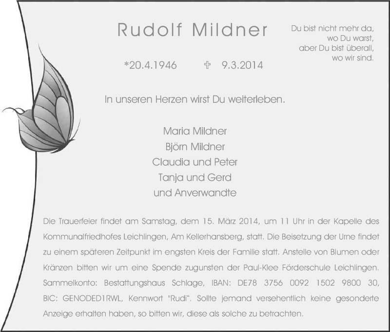  Traueranzeige für Rudolf Mildner vom 13.03.2014 aus Kölner Stadt-Anzeiger / Kölnische Rundschau / Express