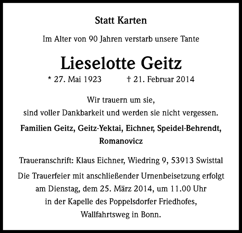  Traueranzeige für Lieselotte Geitz vom 15.03.2014 aus Kölner Stadt-Anzeiger / Kölnische Rundschau / Express