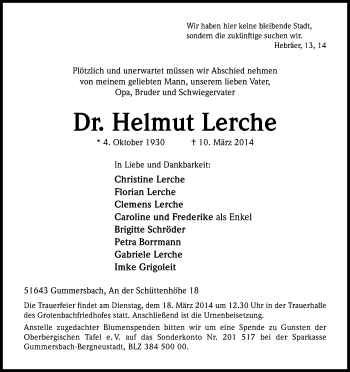 Anzeige von Helmut Lerche von Kölner Stadt-Anzeiger / Kölnische Rundschau / Express