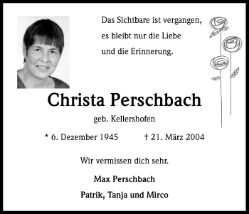 Anzeige von Christa Perschbach von Kölner Stadt-Anzeiger / Kölnische Rundschau / Express