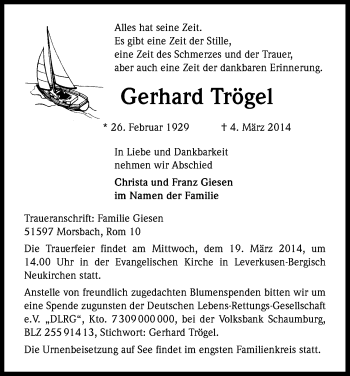 Anzeige von Gerhard Trögel von Kölner Stadt-Anzeiger / Kölnische Rundschau / Express