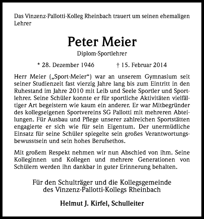  Traueranzeige für Peter Meier vom 13.03.2014 aus Kölner Stadt-Anzeiger / Kölnische Rundschau / Express