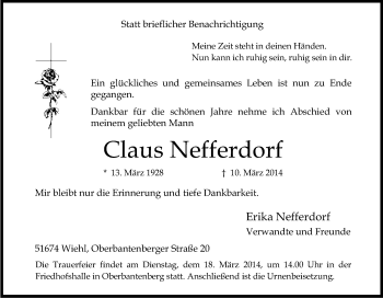 Anzeige von Claus Nefferdorf von Kölner Stadt-Anzeiger / Kölnische Rundschau / Express