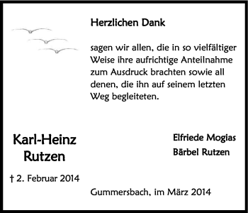 Anzeige von Karl-Heinz Rutzen von Kölner Stadt-Anzeiger / Kölnische Rundschau / Express