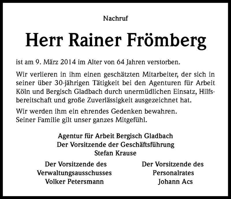  Traueranzeige für Rainer Frömberg vom 13.03.2014 aus Kölner Stadt-Anzeiger / Kölnische Rundschau / Express