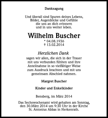 Anzeige von Wilhelm Buscher von Kölner Stadt-Anzeiger / Kölnische Rundschau / Express
