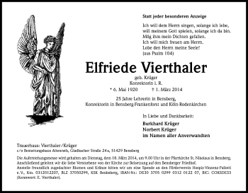 Anzeige von Elfriede Vierthaler von Kölner Stadt-Anzeiger / Kölnische Rundschau / Express