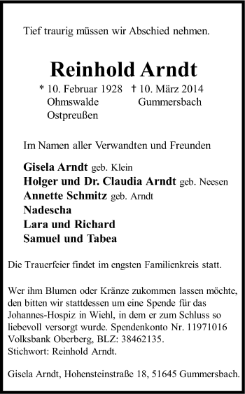 Anzeige von Reinhold Arndt von Kölner Stadt-Anzeiger / Kölnische Rundschau / Express