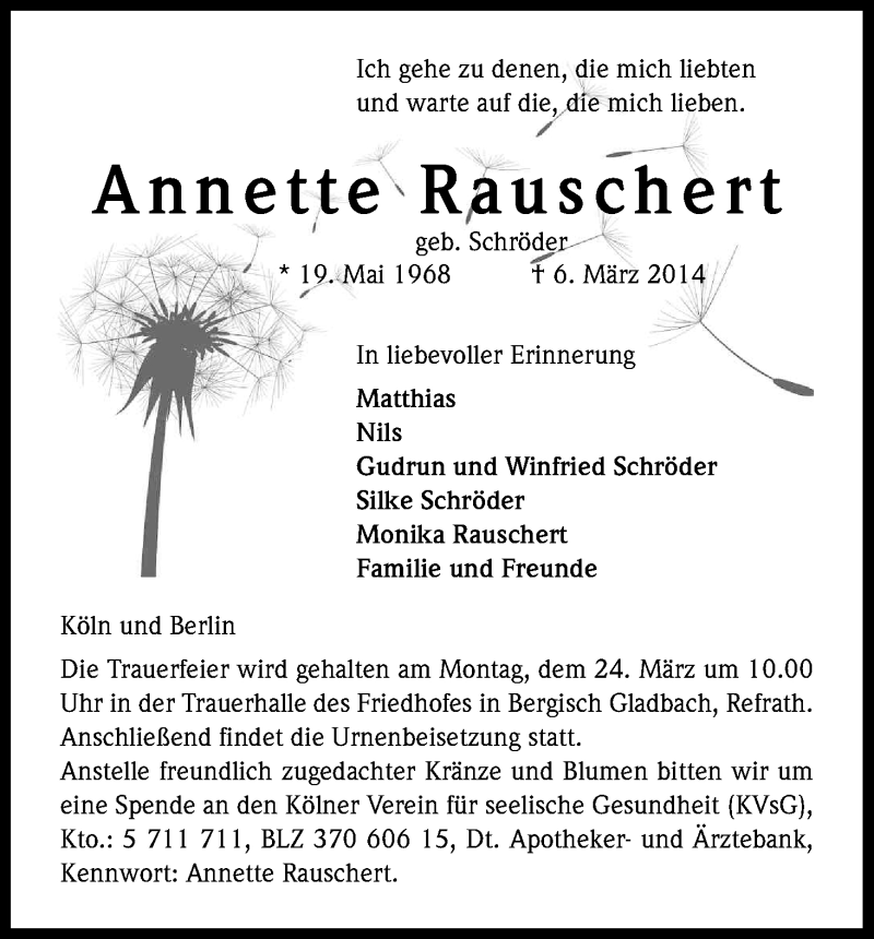  Traueranzeige für Annette Rauschert vom 19.03.2014 aus Kölner Stadt-Anzeiger / Kölnische Rundschau / Express