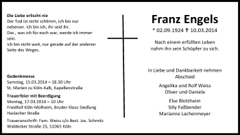 Anzeige von Franz Engels von Kölner Stadt-Anzeiger / Kölnische Rundschau / Express
