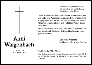 Anzeige von Anni Walgenbach von Kölner Stadt-Anzeiger / Kölnische Rundschau / Express