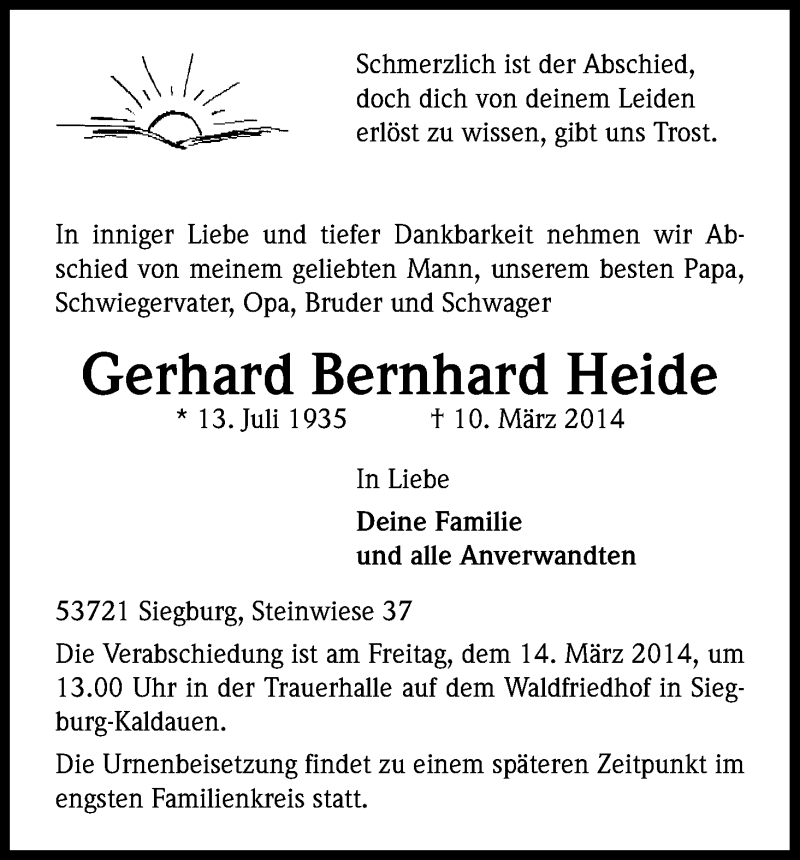  Traueranzeige für Gerhard Bernhard Heide vom 13.03.2014 aus Kölner Stadt-Anzeiger / Kölnische Rundschau / Express