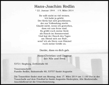 Anzeige von Hans-Joachim Redlin von Kölner Stadt-Anzeiger / Kölnische Rundschau / Express