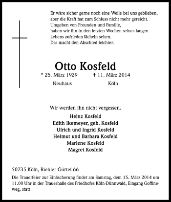 Anzeige von Otto Kosfeld von Kölner Stadt-Anzeiger / Kölnische Rundschau / Express