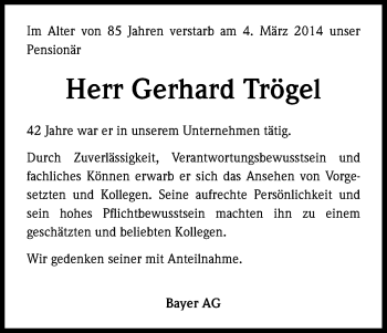 Anzeige von Gerhard Trögel von Kölner Stadt-Anzeiger / Kölnische Rundschau / Express