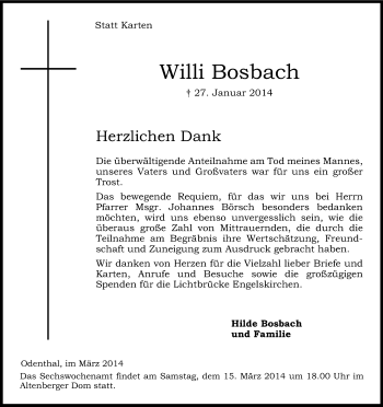 Anzeige von Willi Bosbach von Kölner Stadt-Anzeiger / Kölnische Rundschau / Express