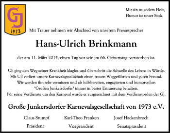 Anzeige von Hans-Ulrich Brinkmann von Kölner Stadt-Anzeiger / Kölnische Rundschau / Express