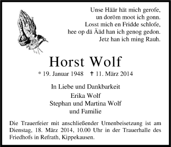Anzeige von Horst Wolf von Kölner Stadt-Anzeiger / Kölnische Rundschau / Express