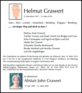 Anzeige von Helmut Gravert von Kölner Stadt-Anzeiger / Kölnische Rundschau / Express