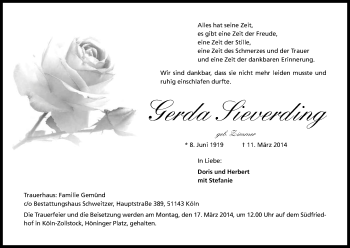Anzeige von Gerda Sieverding von Kölner Stadt-Anzeiger / Kölnische Rundschau / Express