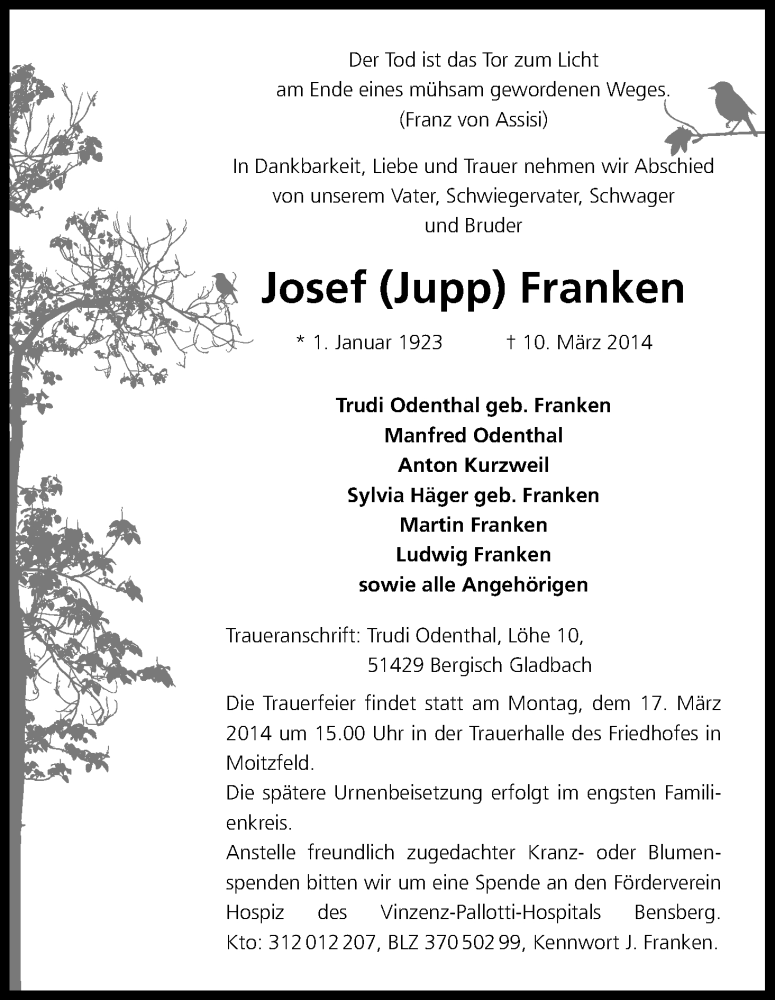  Traueranzeige für Josef Franken vom 14.03.2014 aus Kölner Stadt-Anzeiger / Kölnische Rundschau / Express