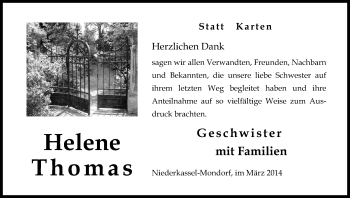 Anzeige von Helene Thomas von Kölner Stadt-Anzeiger / Kölnische Rundschau / Express