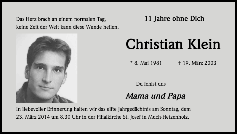  Traueranzeige für Christian Klein vom 19.03.2014 aus Kölner Stadt-Anzeiger / Kölnische Rundschau / Express