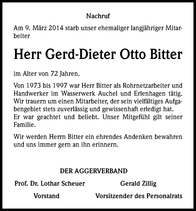  Traueranzeige für Gerd-Dieter Otto Bitter vom 14.03.2014 aus Kölner Stadt-Anzeiger / Kölnische Rundschau / Express