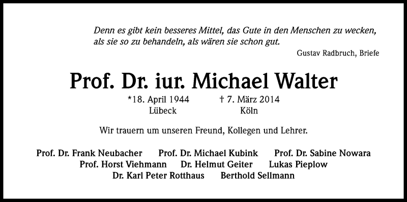  Traueranzeige für Michael Walter vom 15.03.2014 aus Kölner Stadt-Anzeiger / Kölnische Rundschau / Express