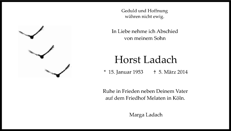  Traueranzeige für Horst Ladach vom 15.03.2014 aus Kölner Stadt-Anzeiger / Kölnische Rundschau / Express