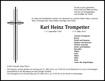 Anzeige von Karl Heinz Trompetter von Kölner Stadt-Anzeiger / Kölnische Rundschau / Express