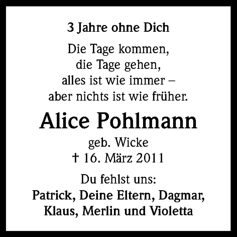  Traueranzeige für Alice Pohlmann vom 15.03.2014 aus Kölner Stadt-Anzeiger / Kölnische Rundschau / Express