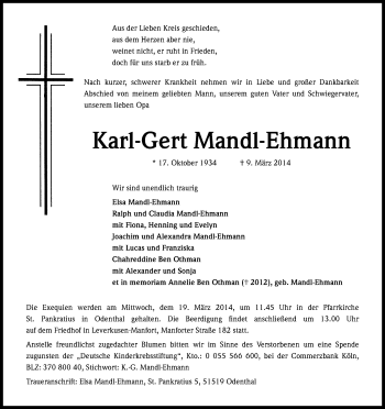 Anzeige von Karl-Gert Mandl-Ehmann von Kölner Stadt-Anzeiger / Kölnische Rundschau / Express
