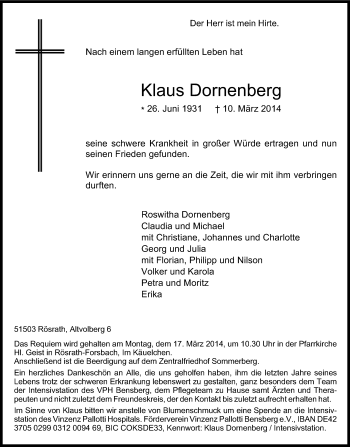 Anzeige von Klaus Dornenberg von Kölner Stadt-Anzeiger / Kölnische Rundschau / Express
