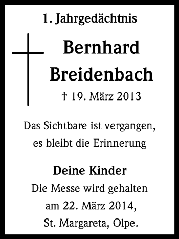 Anzeige von Bernhard Breidenbach von Kölner Stadt-Anzeiger / Kölnische Rundschau / Express