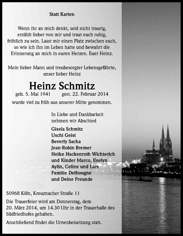  Traueranzeige für Heinz Schmitz vom 15.03.2014 aus Kölner Stadt-Anzeiger / Kölnische Rundschau / Express