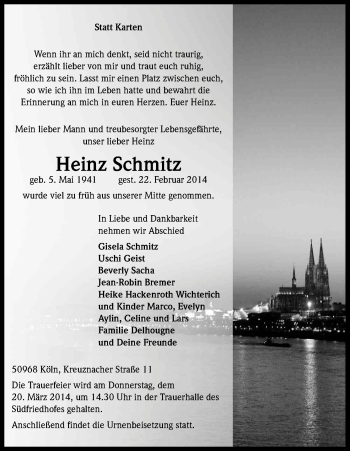 Anzeige von Heinz Schmitz von Kölner Stadt-Anzeiger / Kölnische Rundschau / Express