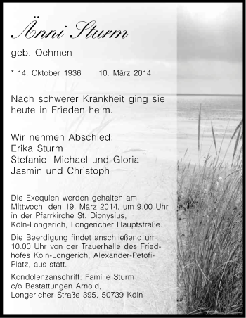 Anzeige von Änni Sturm von Kölner Stadt-Anzeiger / Kölnische Rundschau / Express
