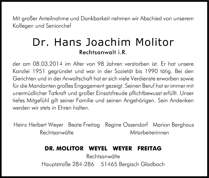  Traueranzeige für Hans Joachim Molitor vom 14.03.2014 aus Kölner Stadt-Anzeiger / Kölnische Rundschau / Express