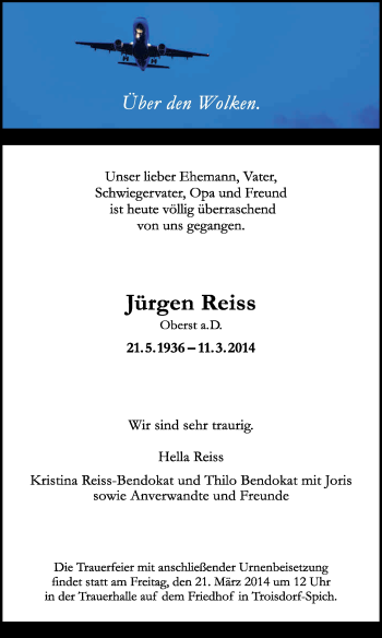 Anzeige von Jürgen Reiss von Kölner Stadt-Anzeiger / Kölnische Rundschau / Express