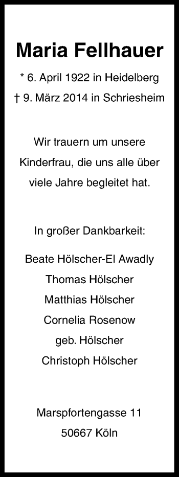 Anzeige von Maria Fellhauer von Kölner Stadt-Anzeiger / Kölnische Rundschau / Express