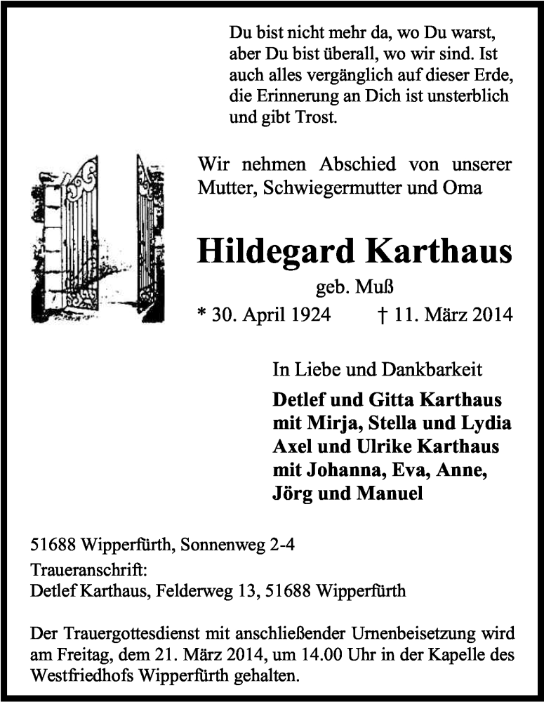  Traueranzeige für Hildegard Karthaus vom 15.03.2014 aus Kölner Stadt-Anzeiger / Kölnische Rundschau / Express