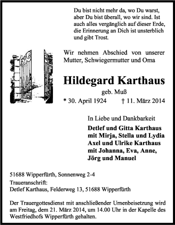 Anzeige von Hildegard Karthaus von Kölner Stadt-Anzeiger / Kölnische Rundschau / Express
