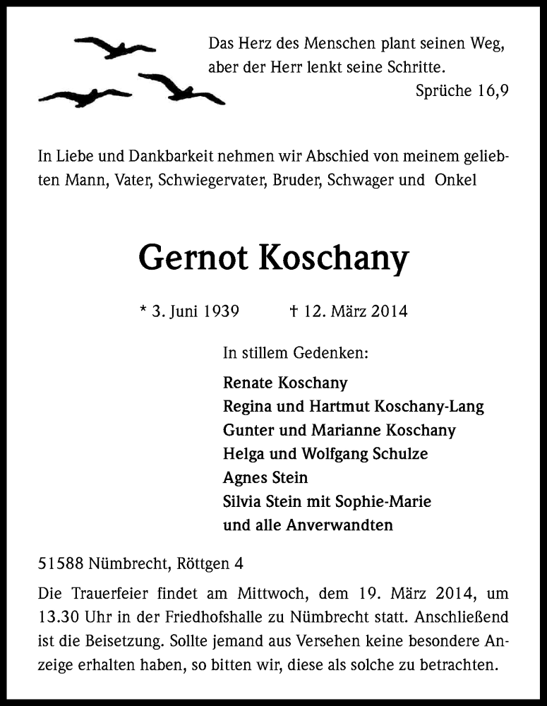  Traueranzeige für Gernot Koschany vom 14.03.2014 aus Kölner Stadt-Anzeiger / Kölnische Rundschau / Express