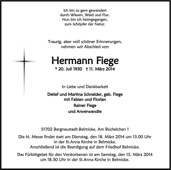Anzeige von Hermann Fiege von Kölner Stadt-Anzeiger / Kölnische Rundschau / Express