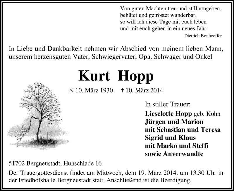  Traueranzeige für Kurt Hopp vom 15.03.2014 aus Kölner Stadt-Anzeiger / Kölnische Rundschau / Express