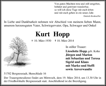 Anzeige von Kurt Hopp von Kölner Stadt-Anzeiger / Kölnische Rundschau / Express