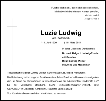 Anzeige von Luzie Ludwig von Kölner Stadt-Anzeiger / Kölnische Rundschau / Express