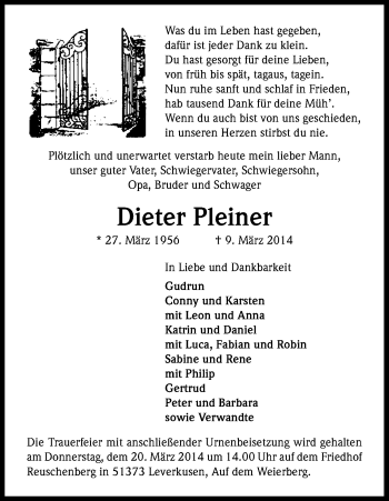 Anzeige von Dieter Pleiner von Kölner Stadt-Anzeiger / Kölnische Rundschau / Express